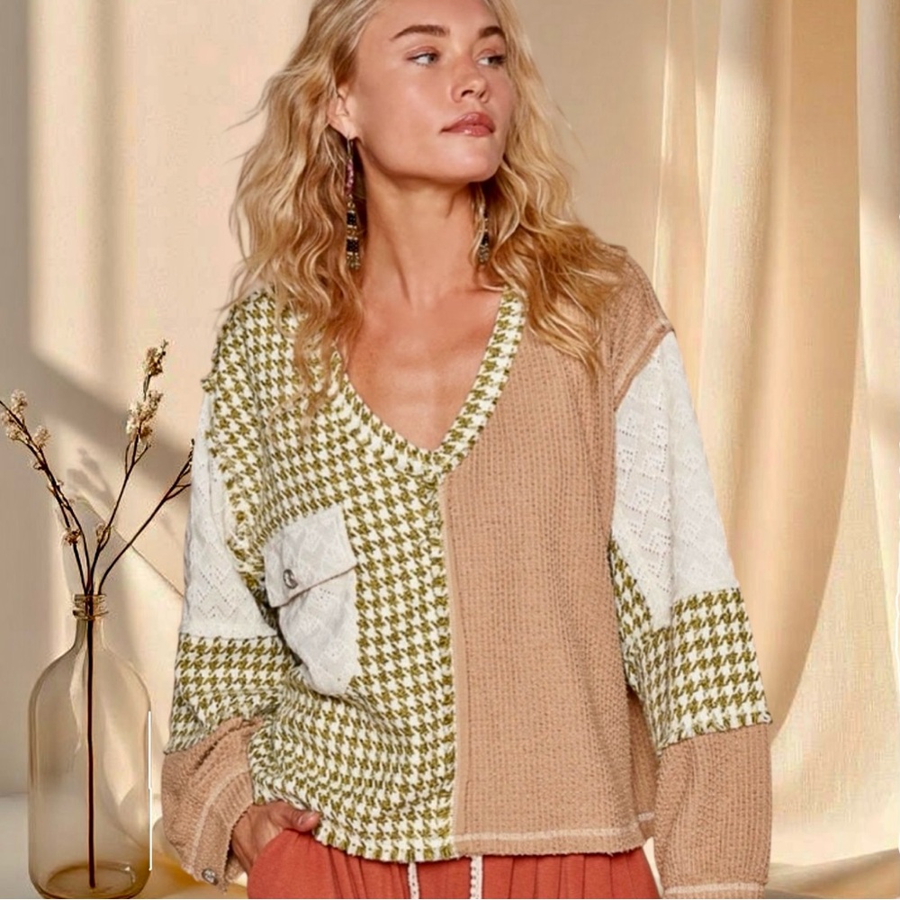 POL Houndstooth Sweater Two-Tone Knit Pullover with Pocket